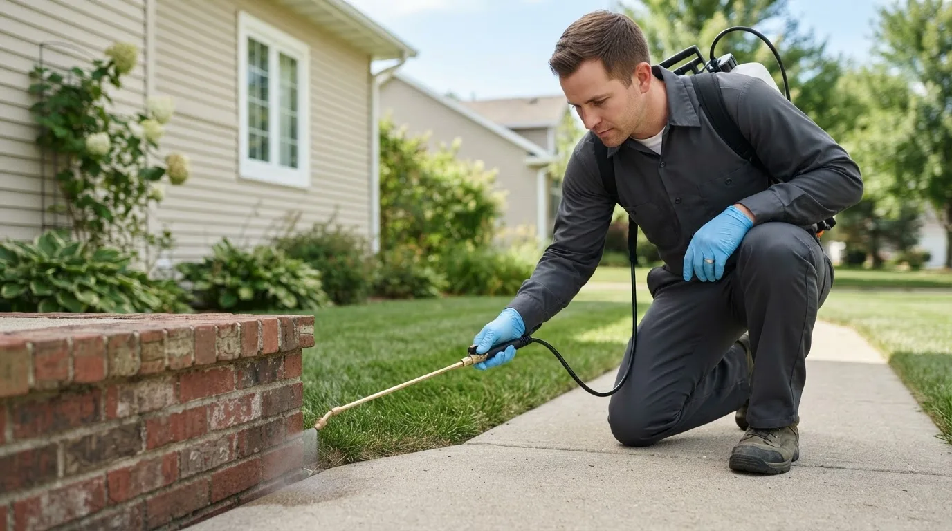 Pest control technician treating a home near Cliffside, NC